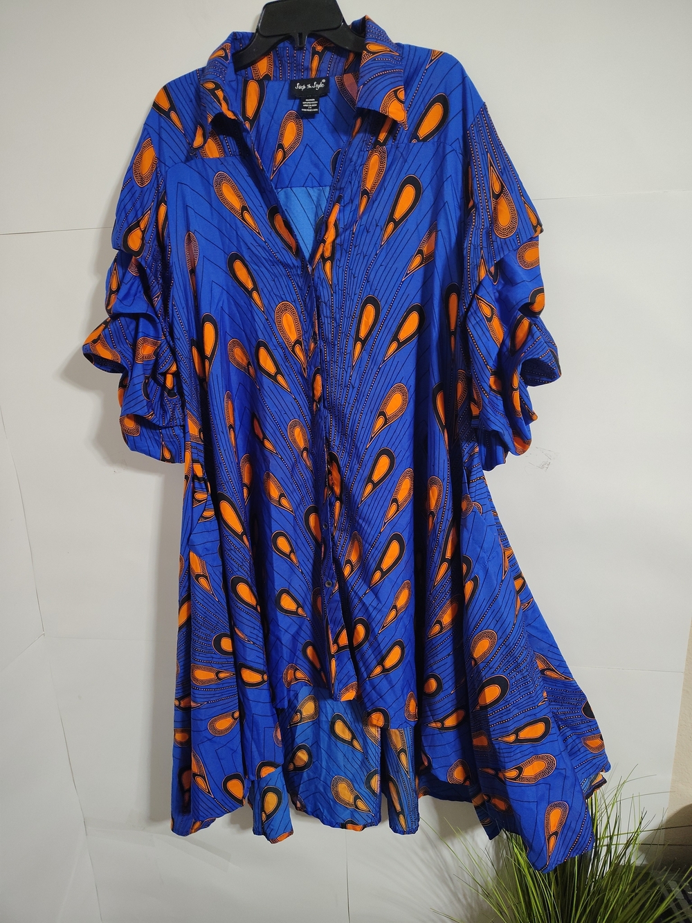 Vibrant Blue and Orange Printed Maxi Shirt Dress